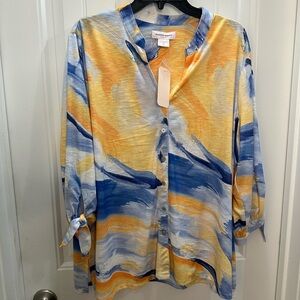 NWT Allison Daley Blue and Yellow Brushstroke Blouse.  Artsy Resortwear 1x